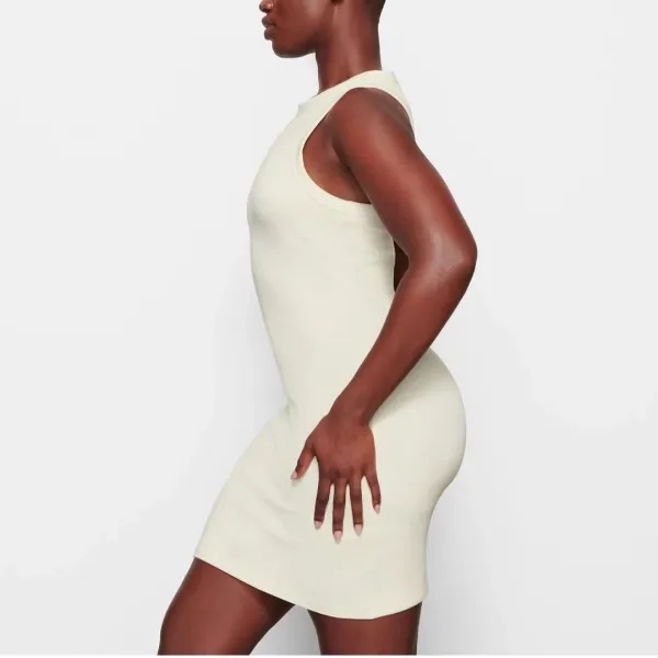 Off-White Ribbed Knit Sleeveless Mini Dress Beige - 4
