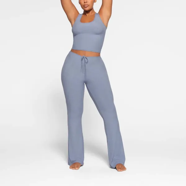 Blue Drawstring Waist Flare Pants - 23