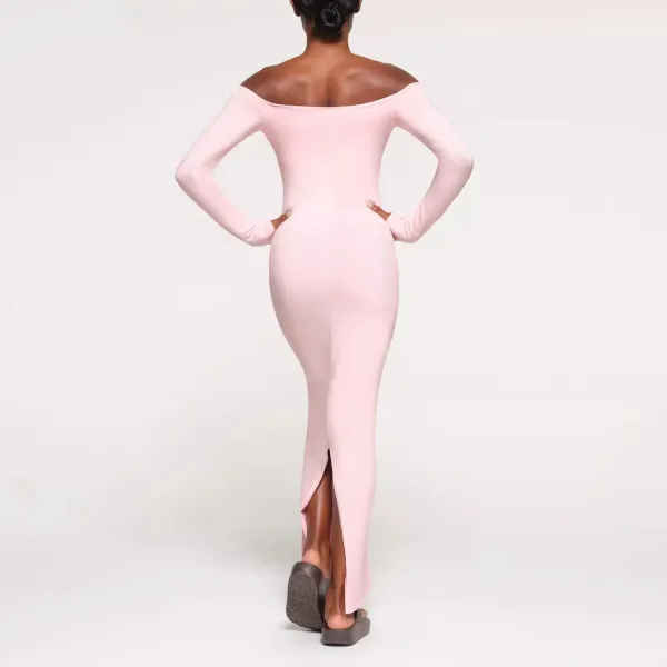 Off-White Off-Shoulder Long Sleeve Midi Dress Pink - 8