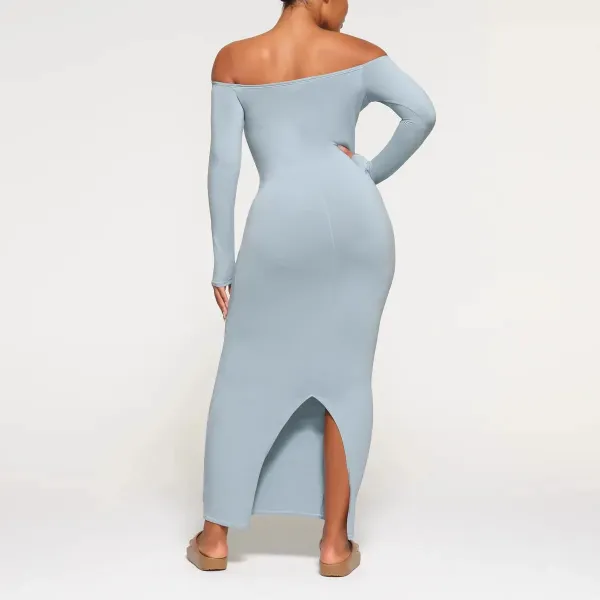 Off-White Off-Shoulder Long Sleeve Midi Dress Pink - 9