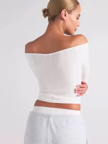 Off-White Ribbed Off-Shoulder Long Sleeve Top Black - 7