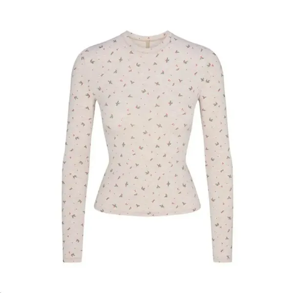 GRA Floral Print Cropped Long-Sleeve Top Beige - 12