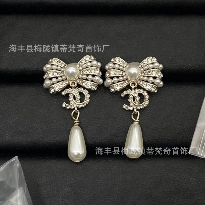 Chanel-Inspired Bow Pearl Drop Earrings Silver White