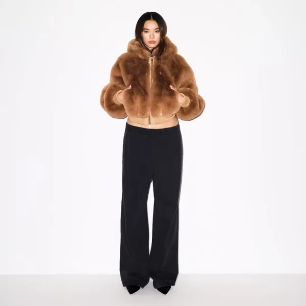 Faux Fur Cropped Hooded Bomber Jacket in Camel - 3