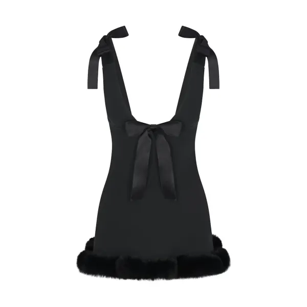 Saint Tears Bow-Back Faux Fur Hem Mini Dress Black - 6