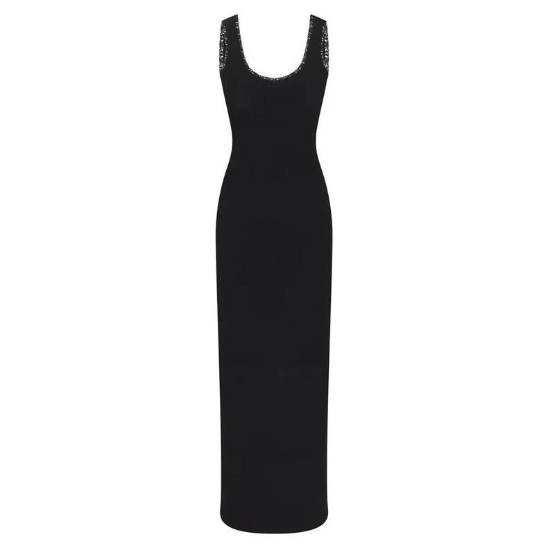 Black Lace-Trimmed Knit Maxi Dress - 8
