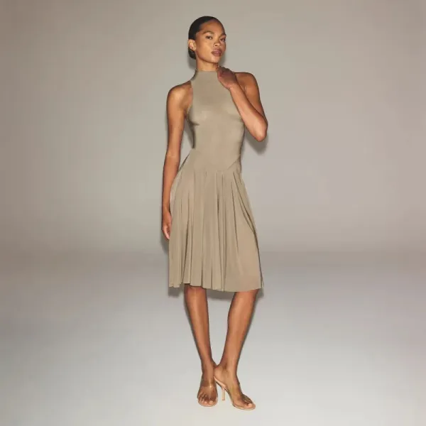 WOMANBY A VOYVES Pleated Halter Neck Dress Beige Dress - 1