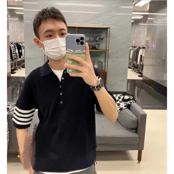 Thom Browne Classic Four-Bar Stripe Gray Knit Polo - 3