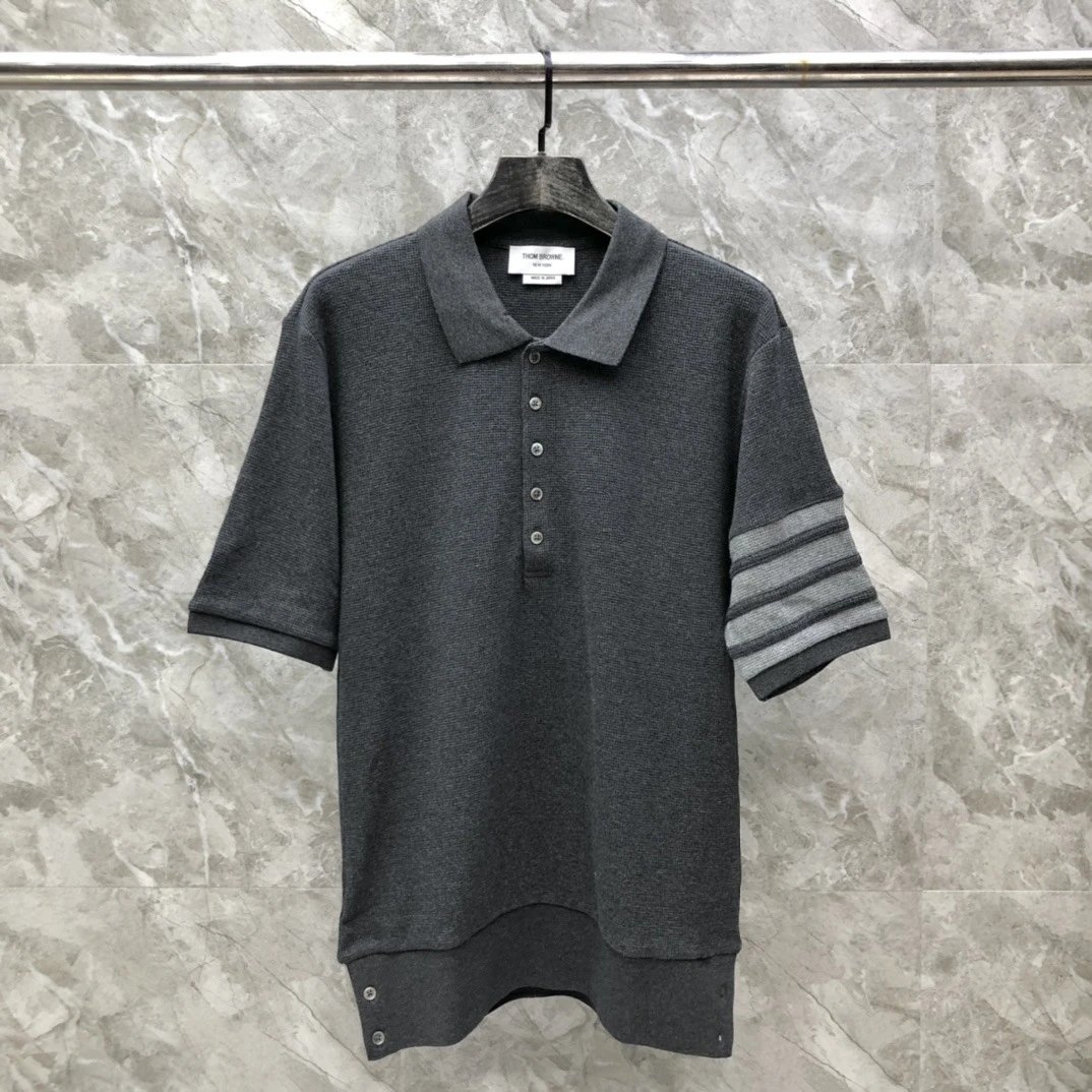 Thom Browne Classic Four-Bar Stripe Gray Knit Polo - 22