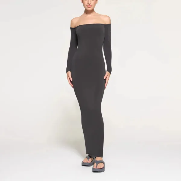 Off-White Off-Shoulder Long Sleeve Midi Dress Pink - 4