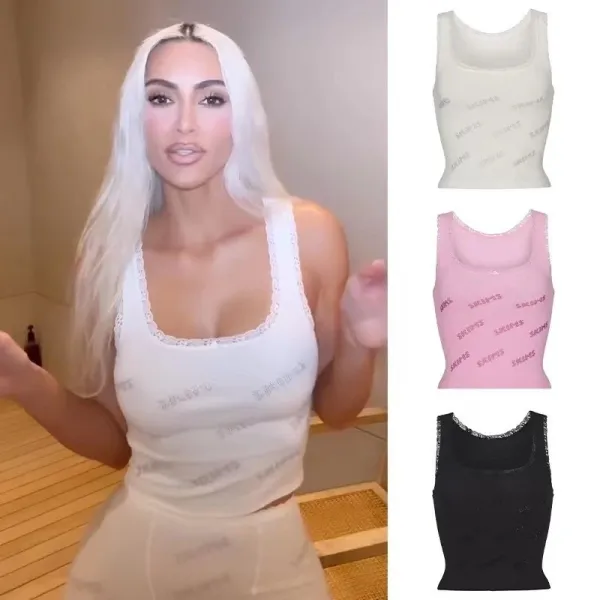 SKIPTS Logo-Print Lace Trim Pink Vest-Top - 3
