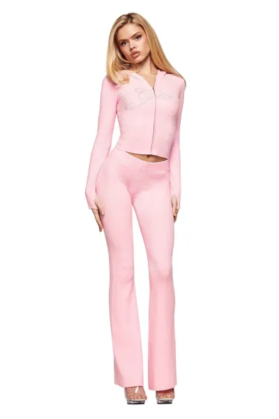 Pink Ribbed Flare Knit Pants - 8