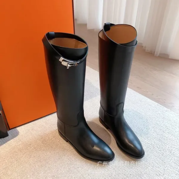 Hermès Chelsea Boots Black Leather Knee-High Boots - 10