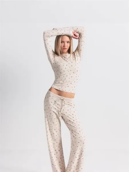 GRA Floral Print Cropped Long-Sleeve Top Beige - 6