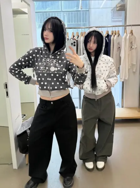 Saint Tears Polka Dot Cropped Zip-Up Hoodie Black - 31