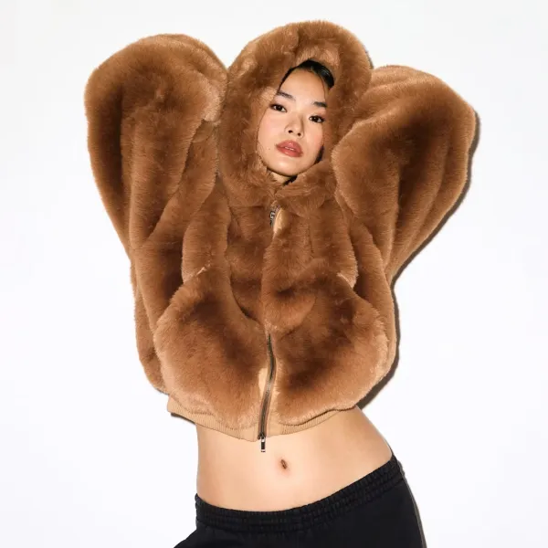 Faux Fur Cropped Hooded Bomber Jacket in Camel - 4