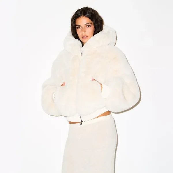 Faux Fur Cropped Hooded Bomber Jacket in Camel - 11