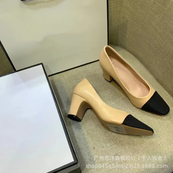 Chanel-inspired Two-Tone Block Heel Pumps Beige and Black Leather Shoes - 19