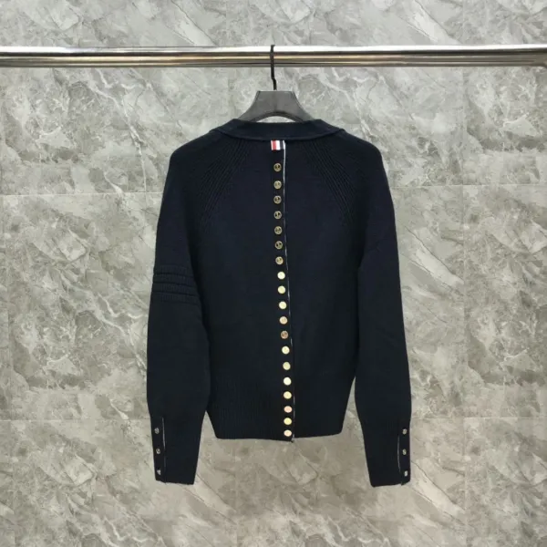 Thom Browne Navy Ribbed Cardigan with Gold Buttons and Signature Stripe - 10