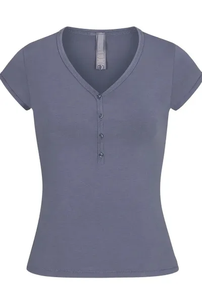 Design Henley V-Neck T-Shirt Slate Gray Top - 10