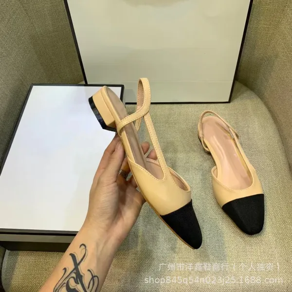 Chanel-inspired Two-Tone Block Heel Pumps Beige and Black Leather Shoes - 9