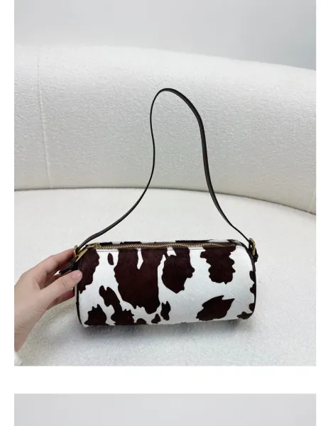 Cow Print Cylinder Shoulder Bag with Gold Hardware - 27