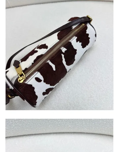 Cow Print Cylinder Shoulder Bag with Gold Hardware - 32
