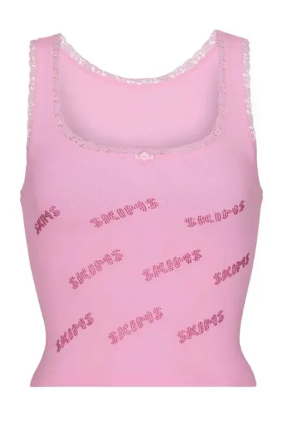 SKIPTS Logo-Print Lace Trim Pink Vest-Top - 6