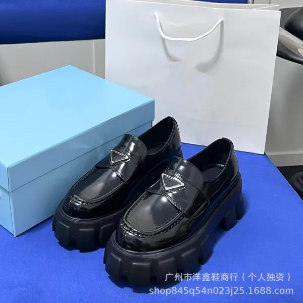 Prada Cleated Loafers Black Patent Leather Chunky Platform Loafers - 36