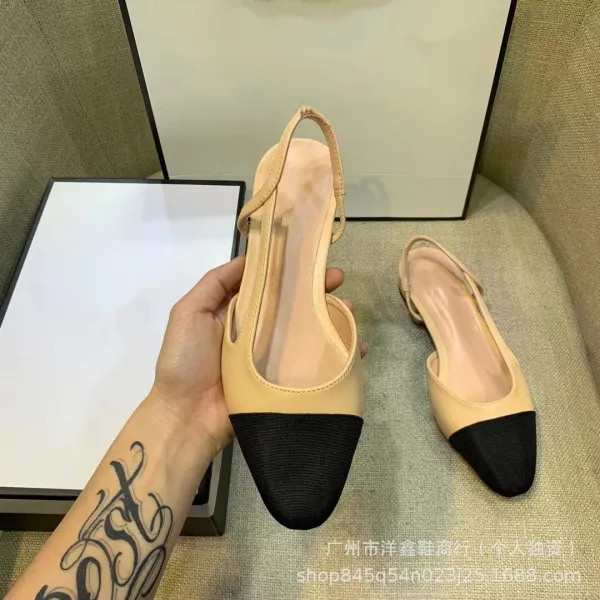 Chanel-inspired Two-Tone Block Heel Pumps Beige and Black Leather Shoes - 8