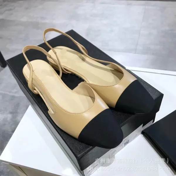 Chanel-inspired Two-Tone Block Heel Pumps Beige and Black Leather Shoes - 4