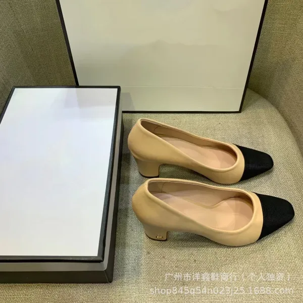 Chanel-inspired Two-Tone Block Heel Pumps Beige and Black Leather Shoes - 20