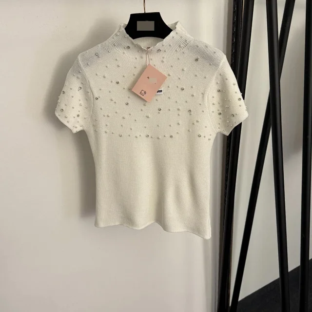Unbranded Knitwear Pearl-Embellished Mock-Neck Short-Sleeve Knit Top product detail image 7