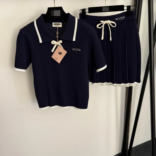 MMY Knit Polo Top and Pleated Skirt Set Beige with Black Trim - 4