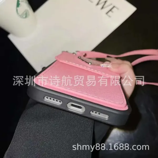 Prada-Style Triangle Cardholder Phone Case Pink Crossbody Phone Accessory - 9