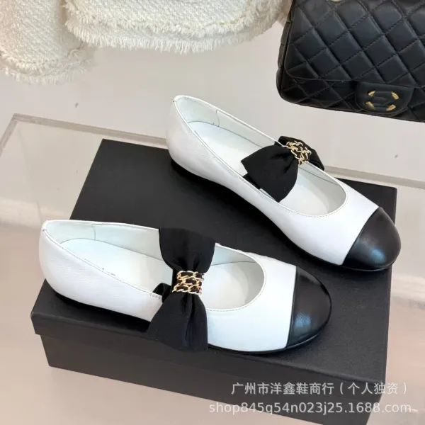 Chanel-inspired Two-Tone Bow Loafers Beige and Black Flat Shoes - 5