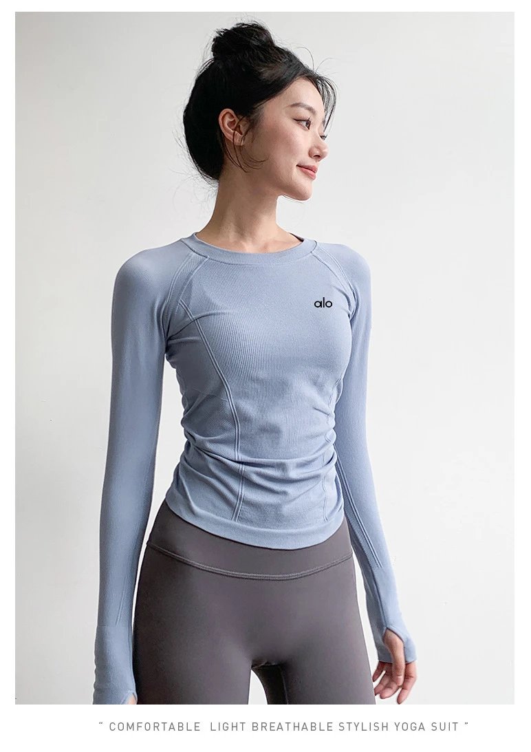 Alo Yoga Long Sleeve Ribbed Base Layer Navy Top - 6