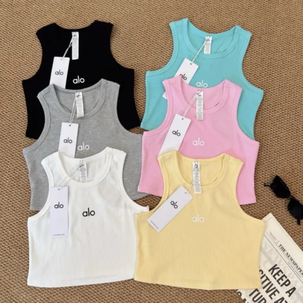 Alo Yoga Ribbed Crop Tank Top in Pink, Blue, White, Yellow, Black, and Gray - 3