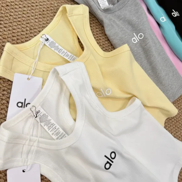 Alo Yoga Ribbed Crop Tank Top in Pink, Blue, White, Yellow, Black, and Gray - 6