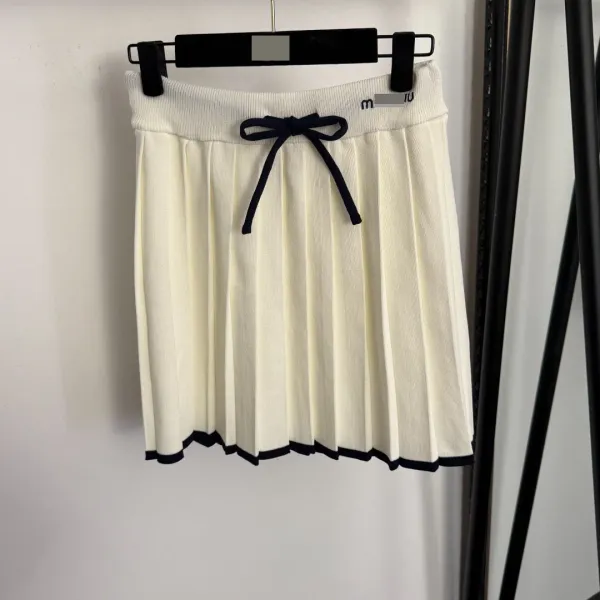 MMY Knit Polo Top and Pleated Skirt Set Beige with Black Trim - 6