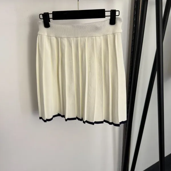 MMY Knit Polo Top and Pleated Skirt Set Beige with Black Trim - 9