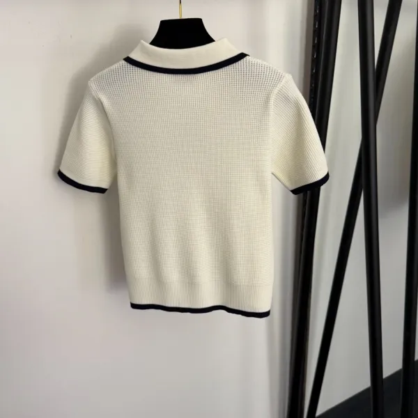 MMY Knit Polo Top and Pleated Skirt Set Beige with Black Trim - 7