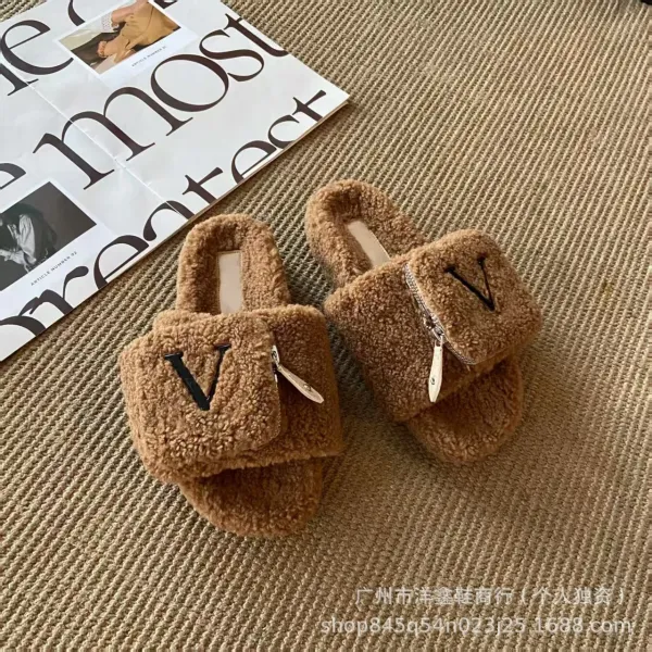 Valentino Garavani VLogo Shearling Slippers Brown - 14