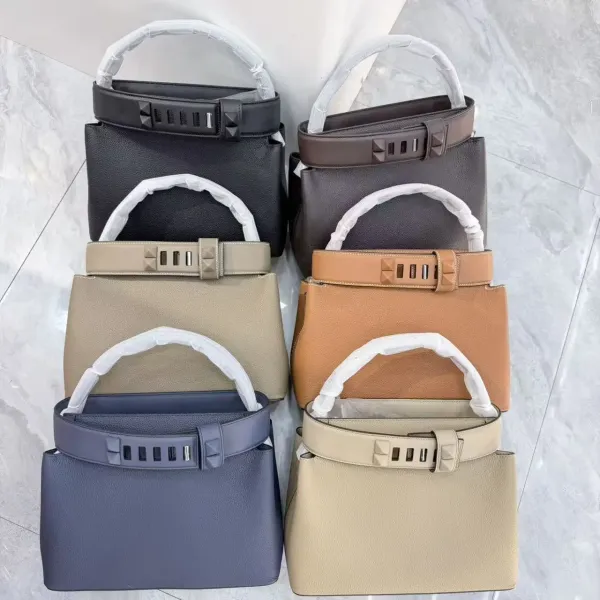 Valentino Garavani Rockstud Small Top Handle Bag Taupe Leather Handbag - 4