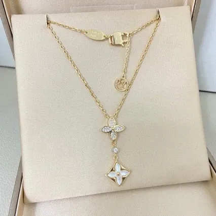 Louis Vuitton Monogram Flower Pendant Necklace Gold Pink Enamel Necklace - 3