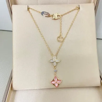 Louis Vuitton Monogram Flower Pendant Necklace Gold Pink Enamel Necklace - 5