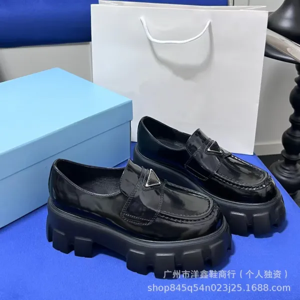 Prada Cleated Loafers Black Patent Leather Chunky Platform Loafers - 35