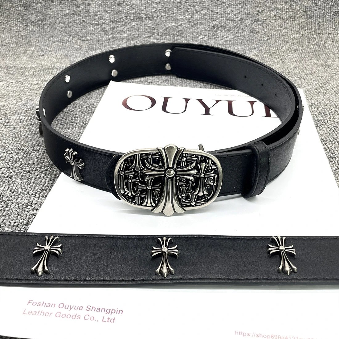 Ouyue Cross-Embossed Leather Belt Black