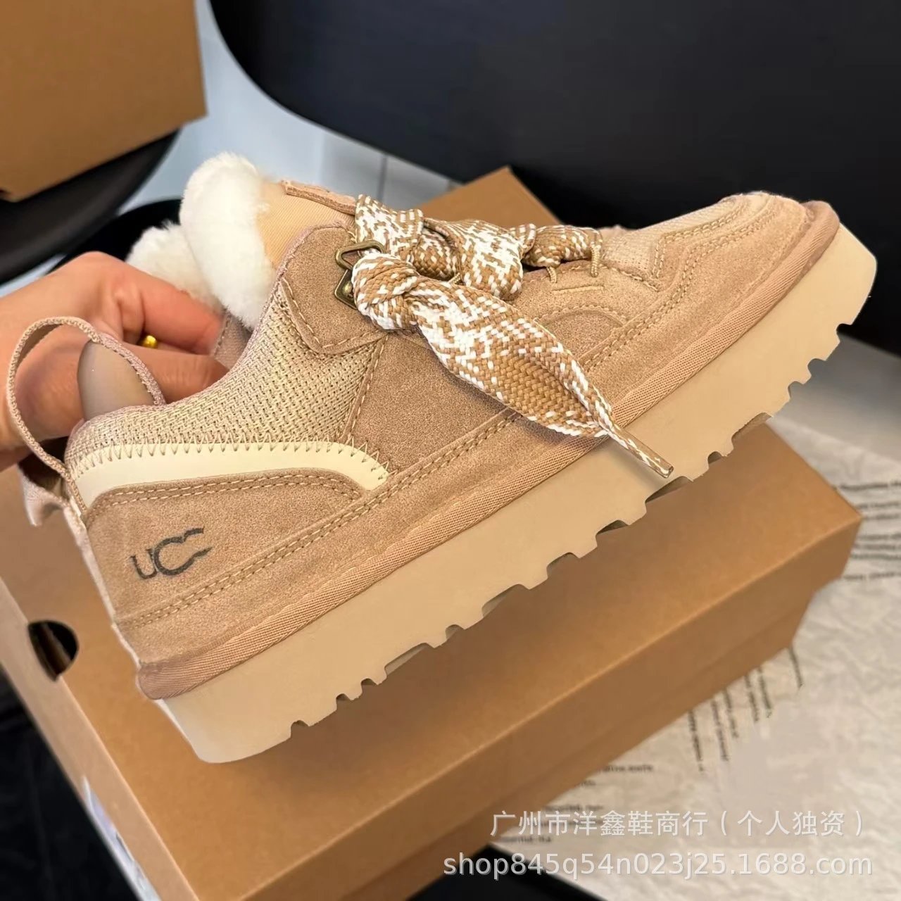 UGG UC Platform Sneaker Beige Wool-Lined Chunky Sneakers - 10