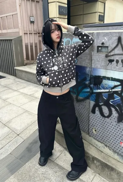Saint Tears Polka Dot Cropped Zip-Up Hoodie Black - 32